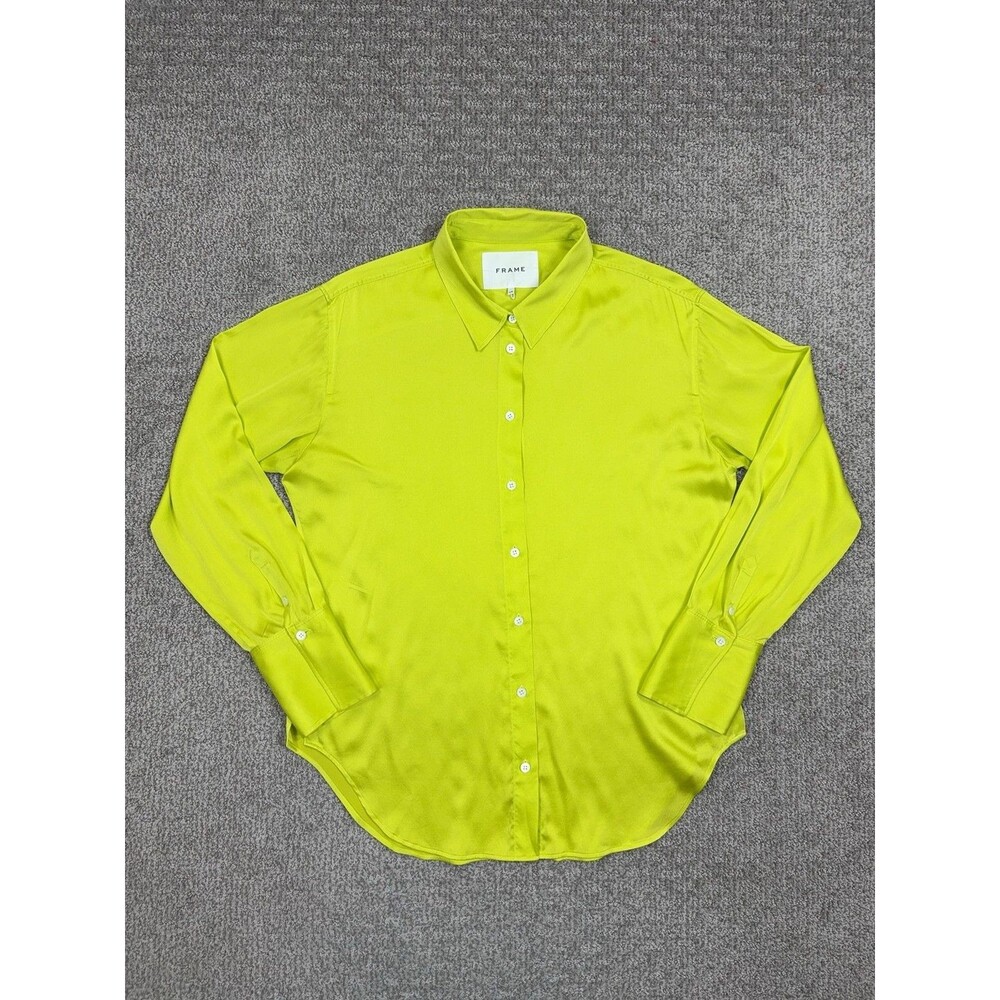 FRAME Shirt Womens Large Yellow Silk Stretch Satin Button Office Capsule